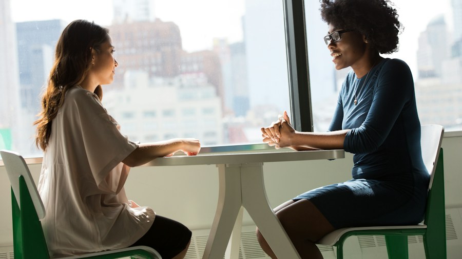 Two colleagues reflecting together across a desk